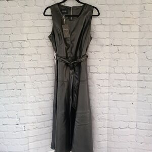 Chartou Womens Faux Leather Sleeveless Tie Waist Midi Dress Black Large NWT